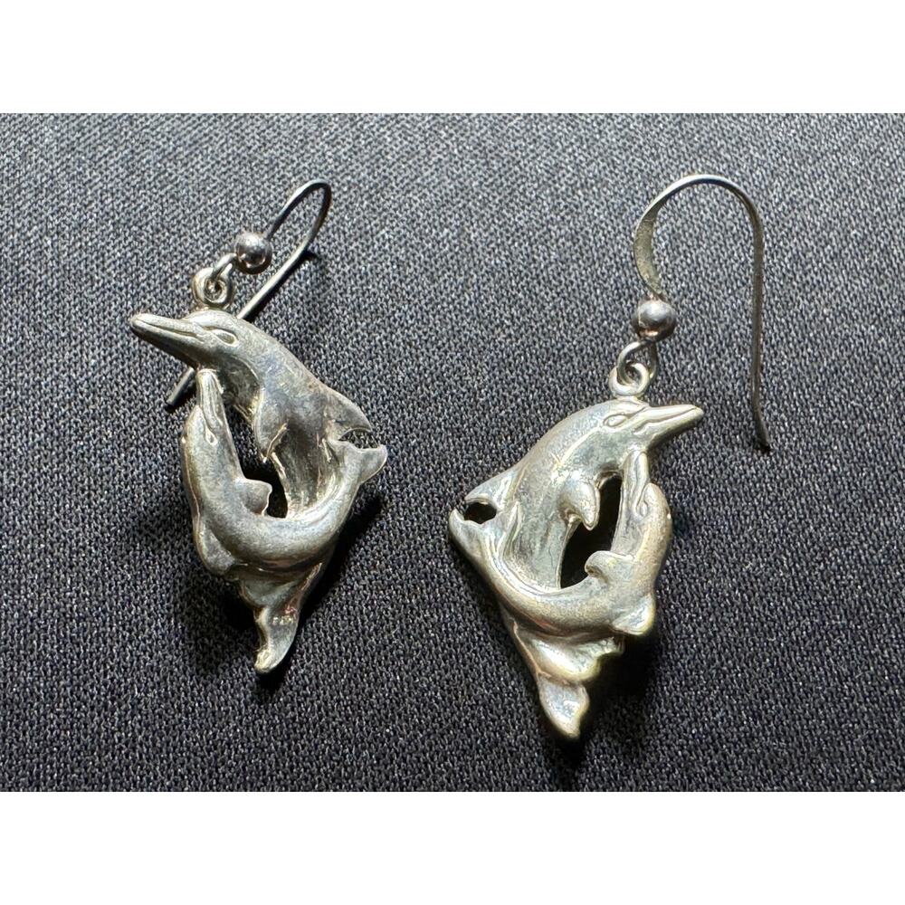 Vintage 925 Sterling Silver Leaping Dolphins Earrings